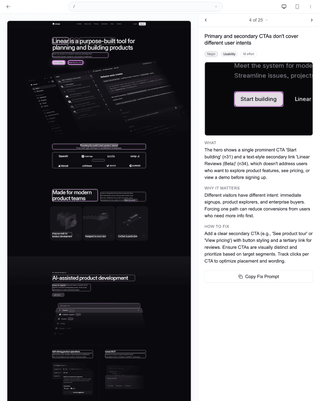 Visual audit with issues pinned to your pages